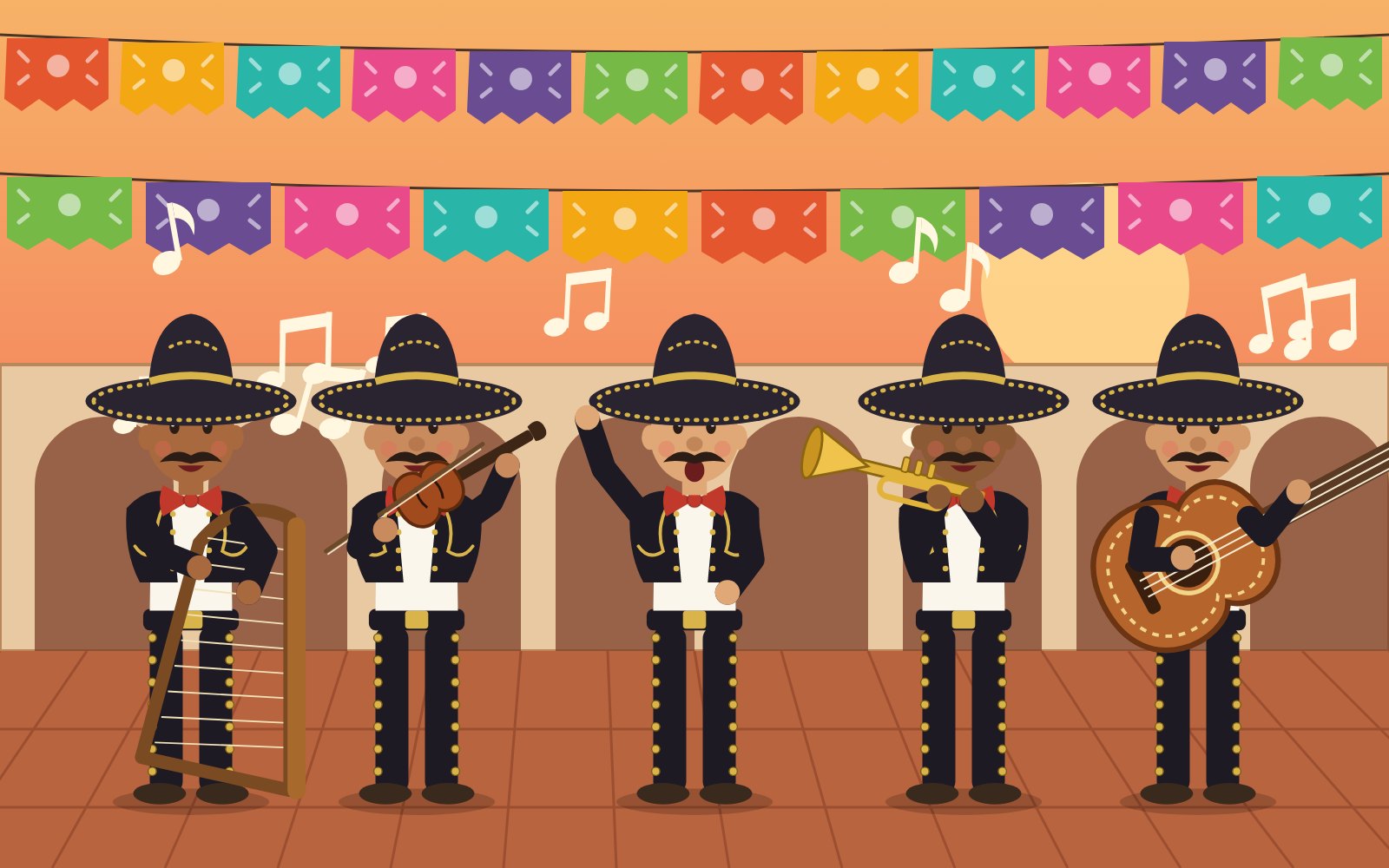 Cartoon illustration of a five-piece mariachi band playing in a plaza under papel picado