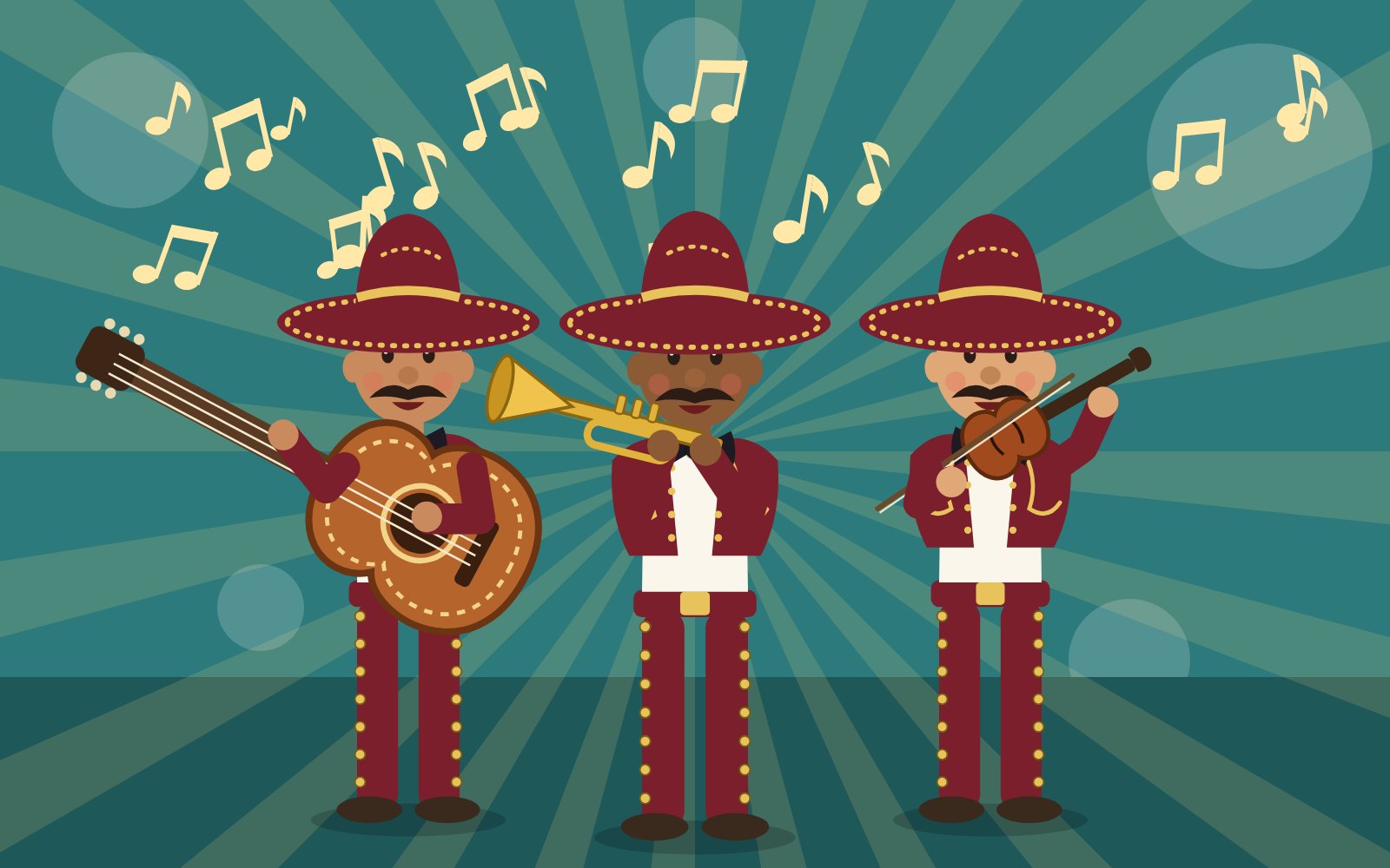 Cartoon illustration of mariachi musicians with a guitarrón, trumpet and violin