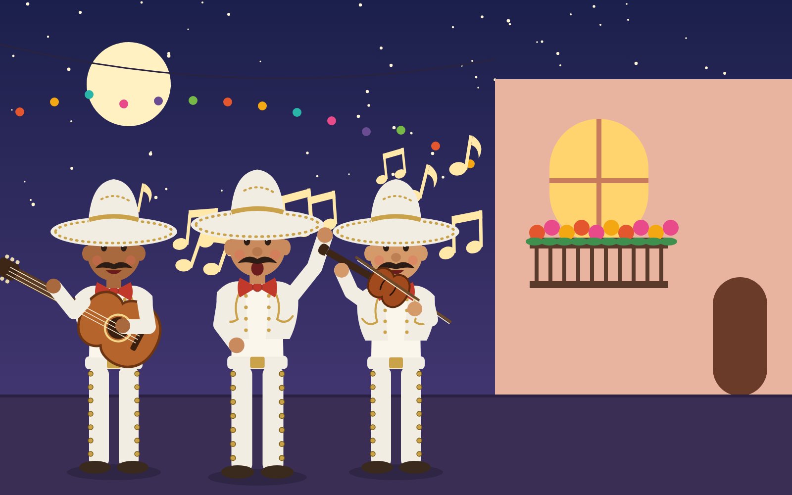 Cartoon illustration of a mariachi trio singing a serenata under a balcony at night